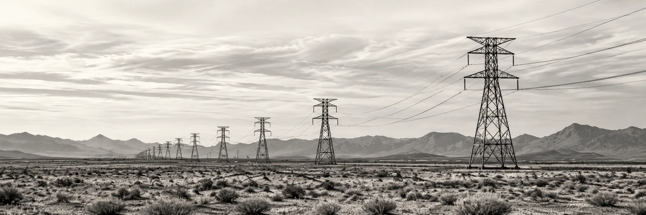 Illustrative transmission towers crossing an open desert landscape toward distant mountains.
